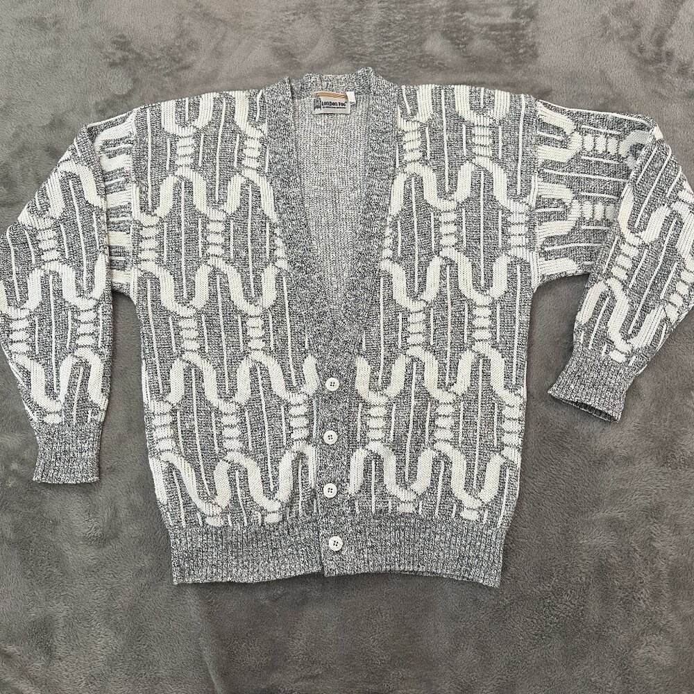 Vintage London Fog Grandpa Sweater Cardigan Men's LARGE Gray White